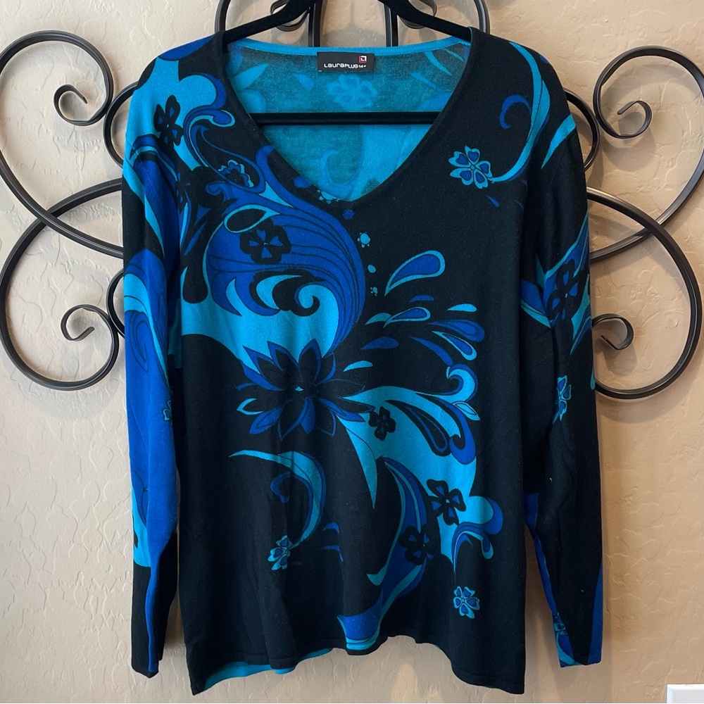 Laura Plus 14+ Lightweight Turquoise Royal And Black Sweater Size 3X